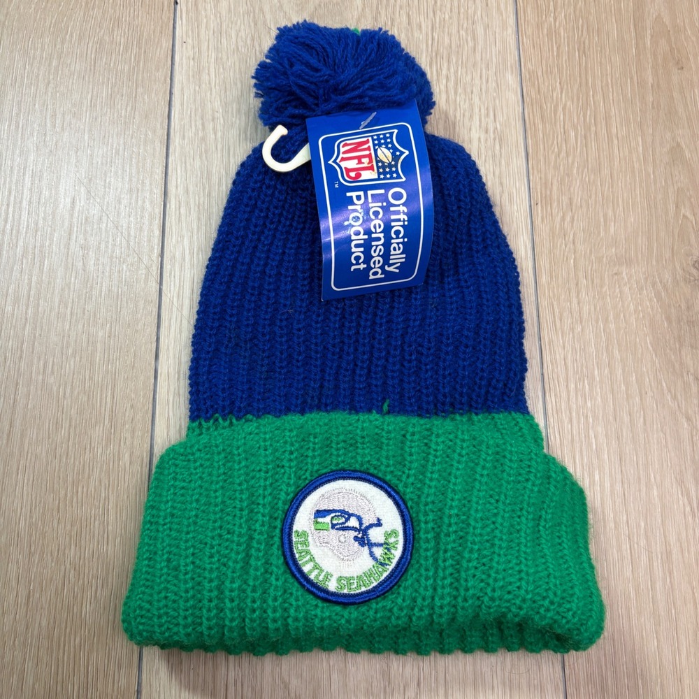 Vintage Seattle Seahawks NFL Beanie Knit Pom Hat Blue Green Orlon USA Made NWT